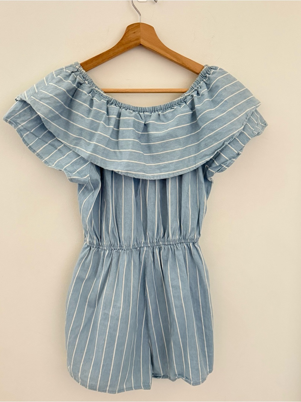 Elodie Romper Light Blue Striped Romper S Off or On the Shoulder Outfit